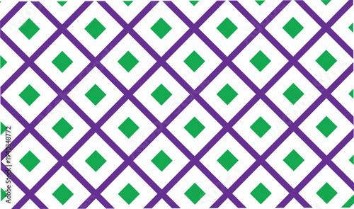 Purple diagonal line grid with green diamond shapes on transparent background, seamless geometric pattern