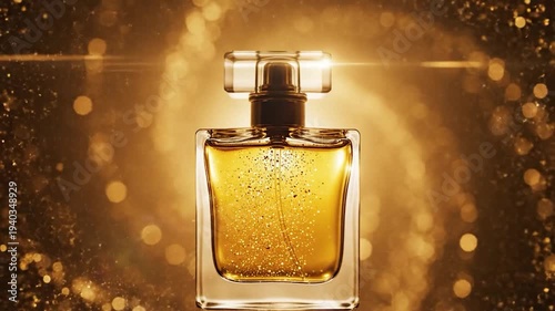 Golden fragrance bottle shimmering liquid opulent background bokeh light flare