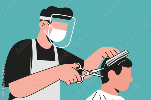 Barber wearing mask and face shield cutting client’s hair with scissors and comb, client in white cape, flat modern illustration on teal background.