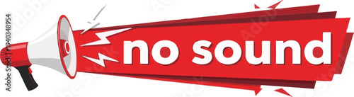 Red megaphone announcing no sound with white lightning bolt graphics announcement warning