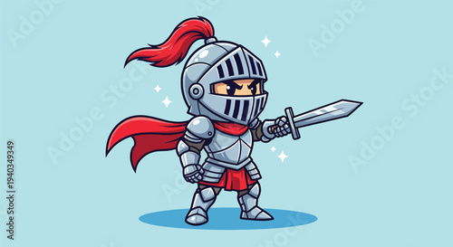 Brave Knight in Shining Armor with Sword and Red Cape.