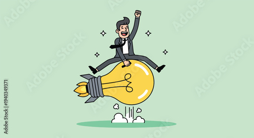 Businessman riding a rocket lightbulb symbolizing innovative ideas and successful startup launch.