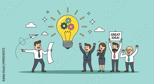 Business team celebrating a great idea with a large lightbulb illustration Vector Illustration.