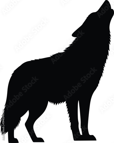 Howling wolf silhouette, wild wolf standing and howling pose, black predator animal shape, isolated wildlife vector illustration
