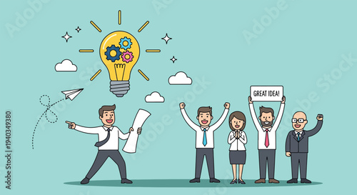 Business team celebrating a new idea with a large lightbulb.