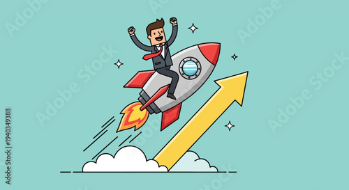 Businessman riding rocket with upward arrow showing business growth.