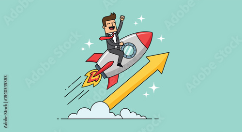 Businessman riding rocket with upward arrow symbolizing business growth and success Vector Illustration.
