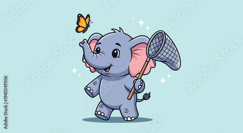 Cute baby elephant trying to catch a butterfly with a net.