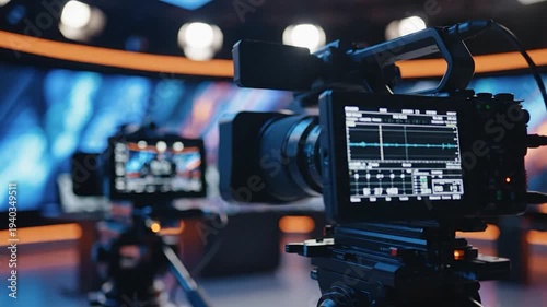 Professional video camera recording in a modern television studio with bright lights