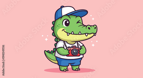 Cute Cartoon Alligator Wearing a Hat and Holding a Camera.
