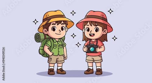 Cute Cartoon Boy and Girl Ready for Adventure and Exploration.