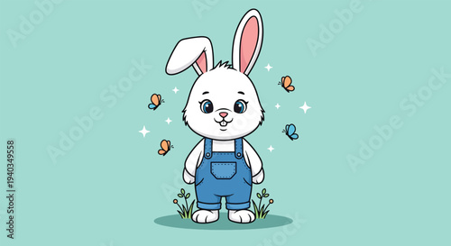 Cute cartoon bunny in overalls with butterflies.
