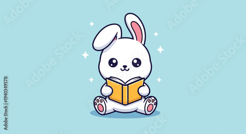 Cute Cartoon Bunny Reading a Book Illustration.