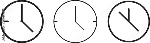 A minimalist graphic depicts three analog clocks showing different times utilizing simple black lines on white high quality professional detailed modern