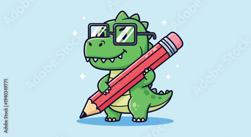 Cute Dinosaur Wearing Glasses Holding a Big Pencil Vector Illustration.