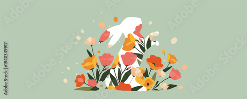 Whimsical rabbit silhouette filled with colorful blooming spring flowers on a pastel green background