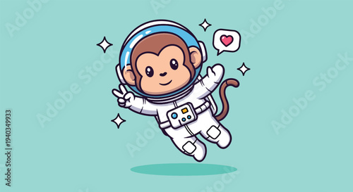 Cute Monkey Astronaut Floating in Space with Heart Bubble.