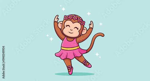 Cute monkey ballerina dancing gracefully with a pink tutu and flower crown.