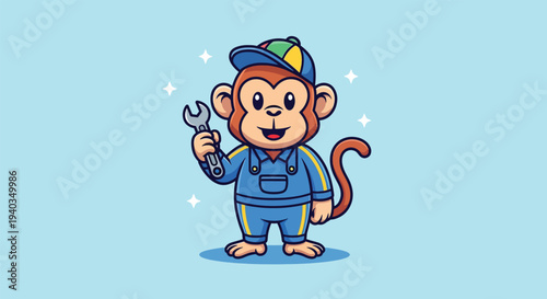 Cute Monkey Mechanic Holding Wrench Cartoon Vector Illustration.