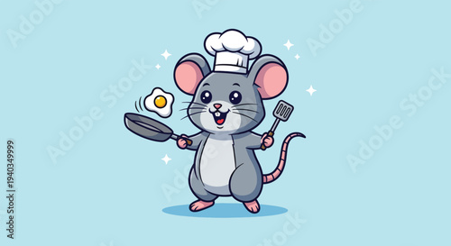 Cute Mouse Chef Cooking Fried Egg Vector Illustration.