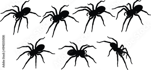 Spider silhouettes collection, crawling spider arachnid poses set, black spider bug shapes, isolated nature vector illustration pack