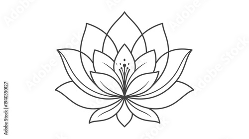 Simple line art illustration of a flat lotus flower icon symbol from a straightforward front viewpoint