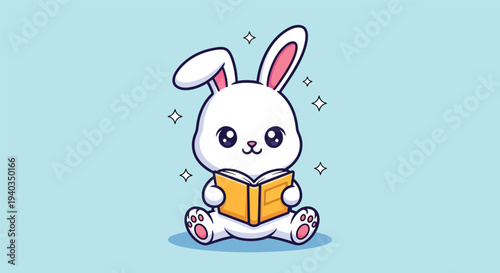 Cute White Bunny Rabbit Reading a Book.