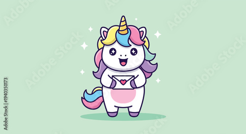 Cute Unicorn Holding an Envelope with a Heart.