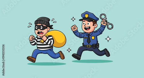 Police officer chasing a thief with a bag of money.