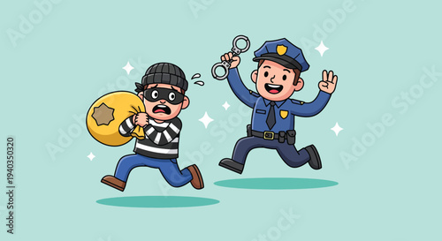 Police Officer Chasing a Thief with Stolen Money Bag.