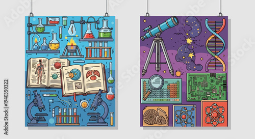 Science posters with biology chemistry and astronomy elements.