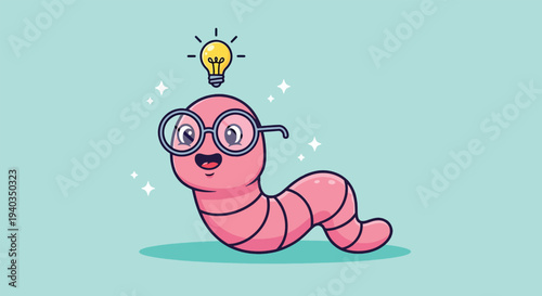 Smart Worm with Glasses and Idea Lightbulb.