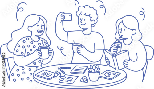 Three happy friends enjoying a relaxed conversation and a selfie moment at a cozy cafe