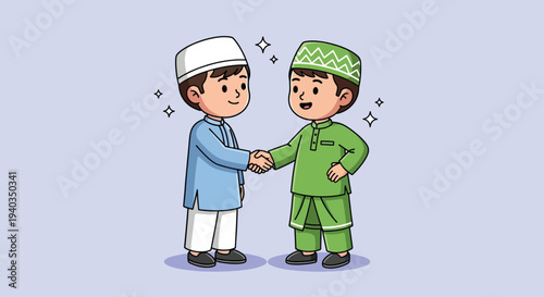 Two Muslim boys shaking hands in a friendly greeting Vector Illustration.