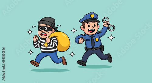 Police Officer Chasing a Thief with a Bag of Stolen Goods.
