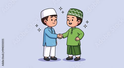 Two Muslim Boys Shaking Hands in a Friendly Greeting.