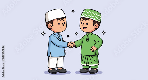 Two Muslim Boys Shaking Hands in Traditional Attire.