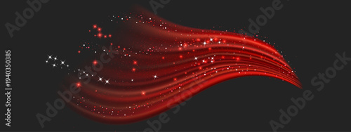Red glitter wave effect illustration. Vector flowing light trails with star sparkles and glitter dust particles on dark background, symbolizing magic, energy, and dynamic abstract glow concept.