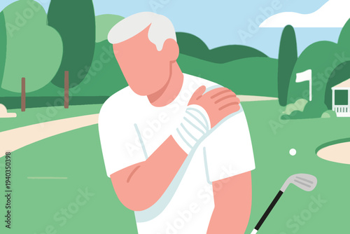 Older man on golf course holding injured shoulder, bandaged arm, golf club resting against body, ball nearby, green landscape with flag and trees, flat modern illustration.