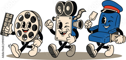 Classic cartoon movie characters including a film reel camera and cinema seat walking together cheerfully