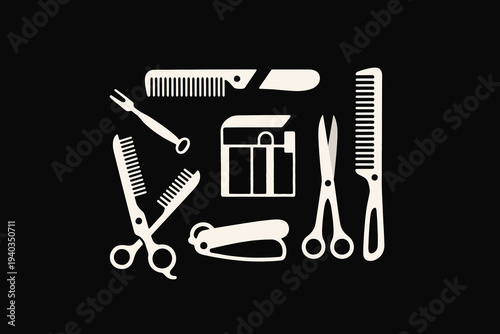Collection of hairstyling tools including combs, scissors, razor, clipper, grooming shears and barber case, arranged on black background, modern flat vector illustration.