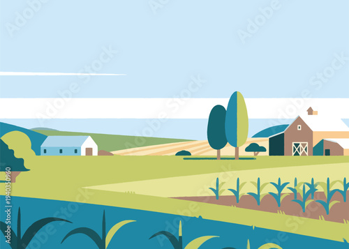 Stylized rural farm with barn, farmhouse, crop fields, tall trees and rolling hills under clear sky, modern flat vector illustration of countryside agriculture.