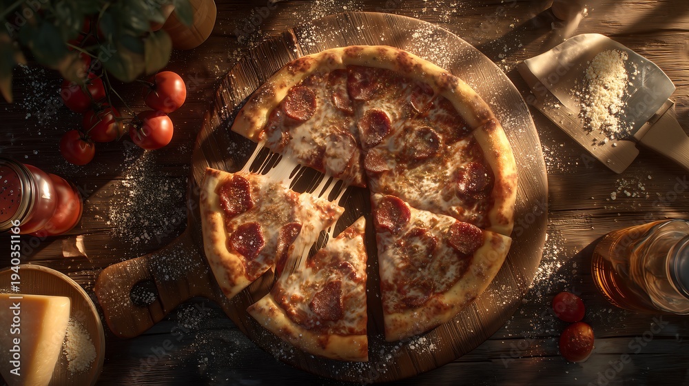 Fototapeta premium Rustic Pepperoni Pizza with Cheese Stretch