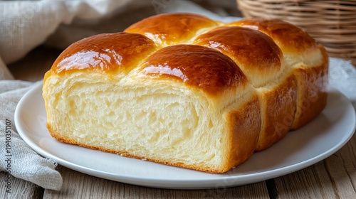 A delicious braided loaf of bread sits on a white plate, freshly baked and glistening with a golden brown crust.