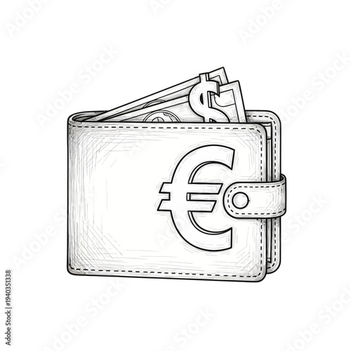Hand drawn sketch of a wallet with euro and dollar currency.