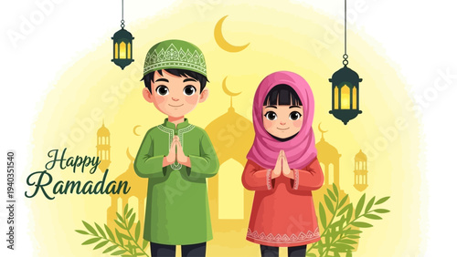 Children praying together during Ramadan in a serene mosque environment viewed from the front