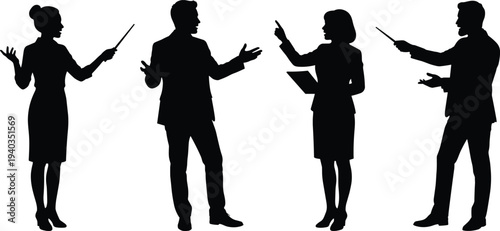 Business people silhouettes presenting and discussing ideas, professional team meeting with pointer explaining strategy isolated vector illustration