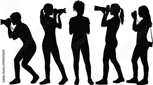 Female photographer silhouette set taking photos with camera, women photography professionals shooting pictures isolated vector illustration collection