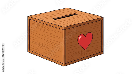 Illustration of a wooden charity box with a red heart symbol on a plain white background viewed from the front