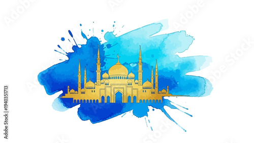 A majestic mosque silhouette with golden domes and minarets set against a vibrant blue watercolor background from a frontal viewpoint
